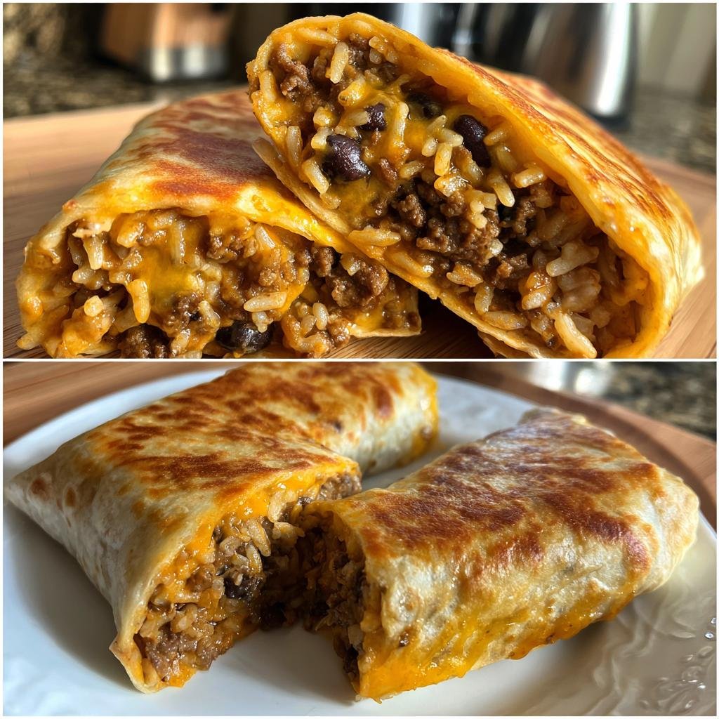 Aufgeschnittener, goldbraun gegrillter Saftiger Rindfleisch-Burrito, gefüllt mit Hackfleisch, Reis und schwarzen Bohnen.