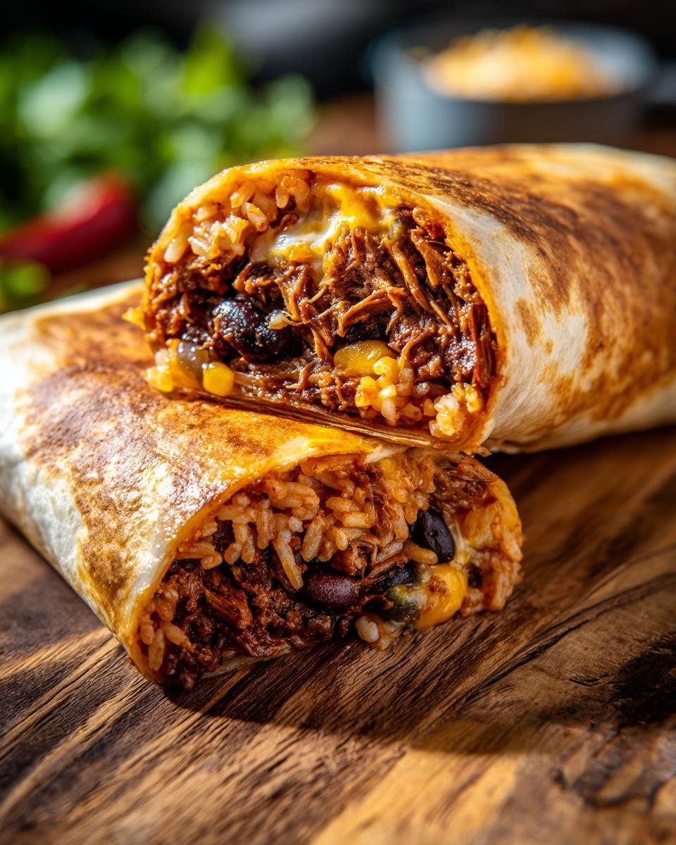 Angeschnittener, saftiger Rindfleisch-Burrito gefüllt mit Fleisch, Reis und Bohnen auf einem Holzbrett.
