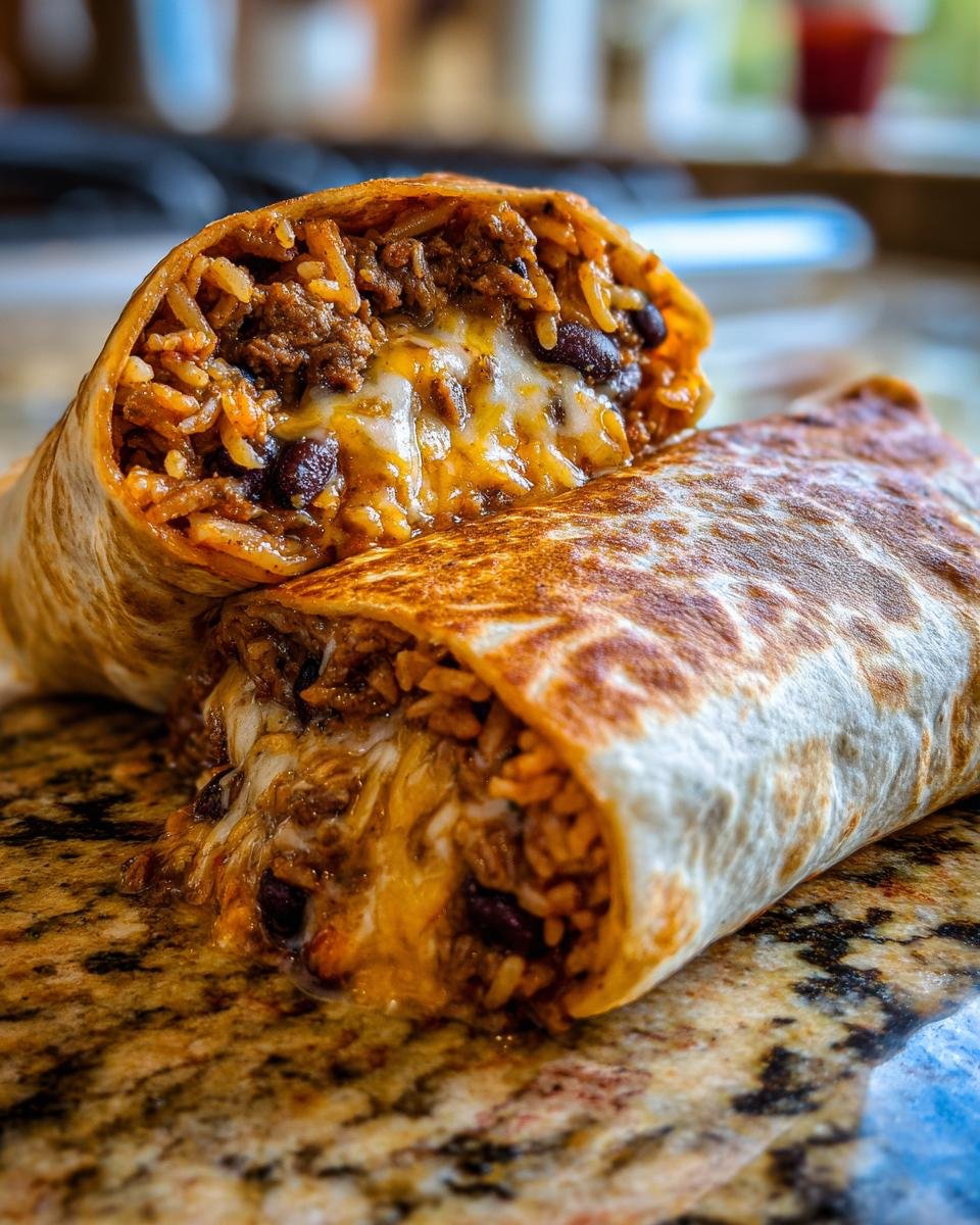 Aufgeschnittener Saftiger Rindfleisch-Burrito mit Reis, Bohnen und geschmolzenem Käse auf einer Marmorplatte.