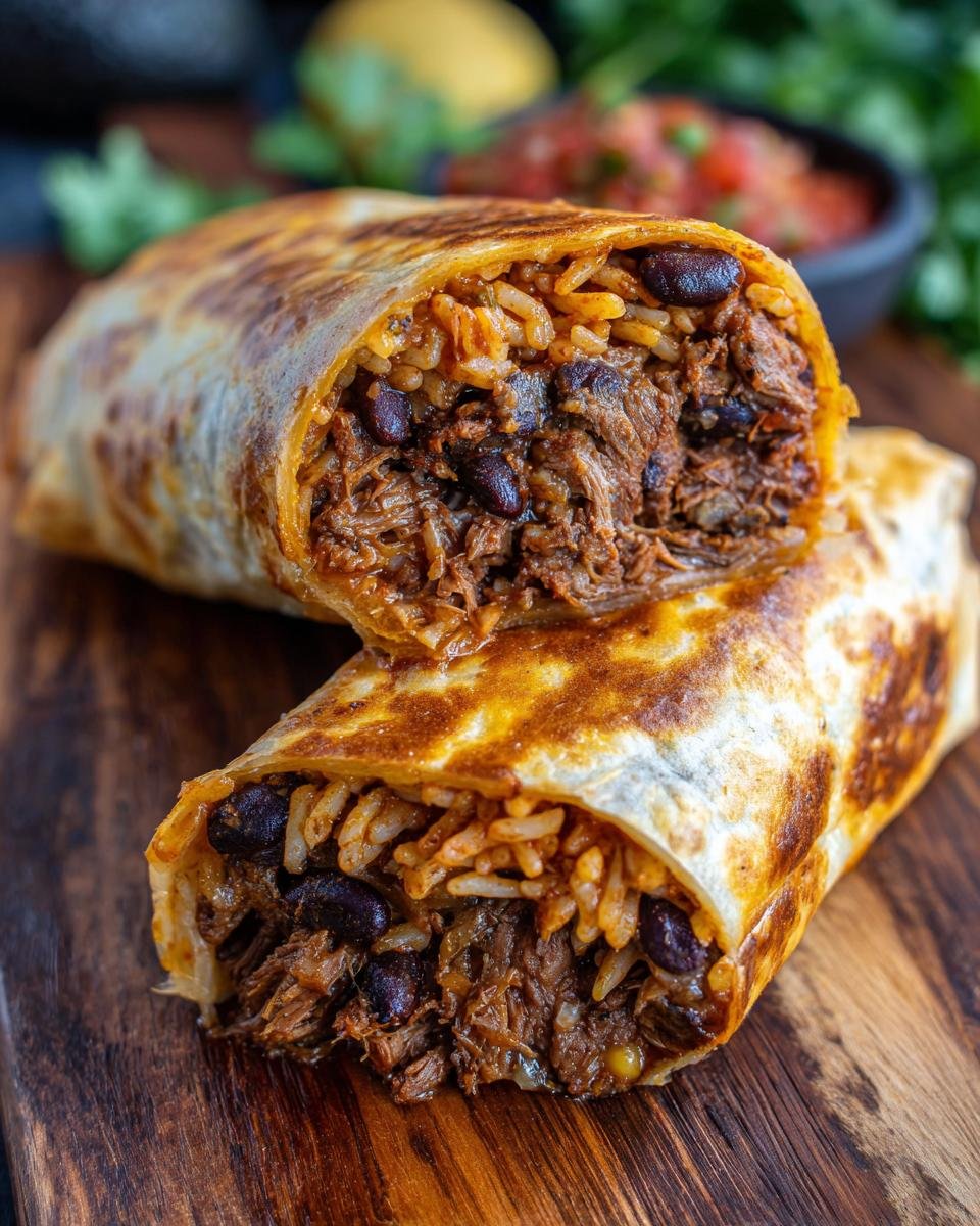 Aufgeschnittener, saftiger Rindfleisch-Burrito mit Reis und schwarzen Bohnen auf Holzbrett.