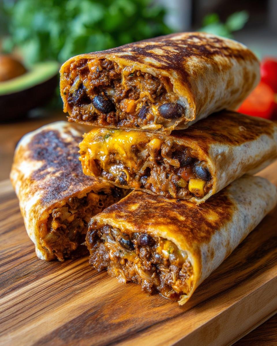 Drei aufgeschnittene, gegrillte Burritos gefüllt mit saftigem Rindfleisch, schwarzen Bohnen und Käse, die auf einem Holzbrett gestapelt sind.
