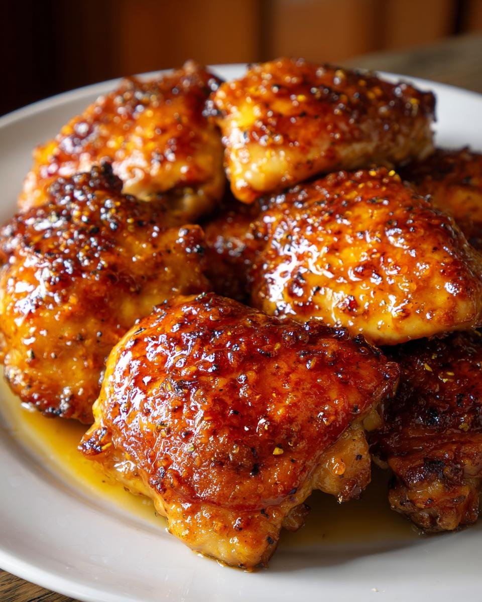 Nahaufnahme von saftigem Hühnchen mit Honig-Senf-Glasur auf einem weißen Teller.