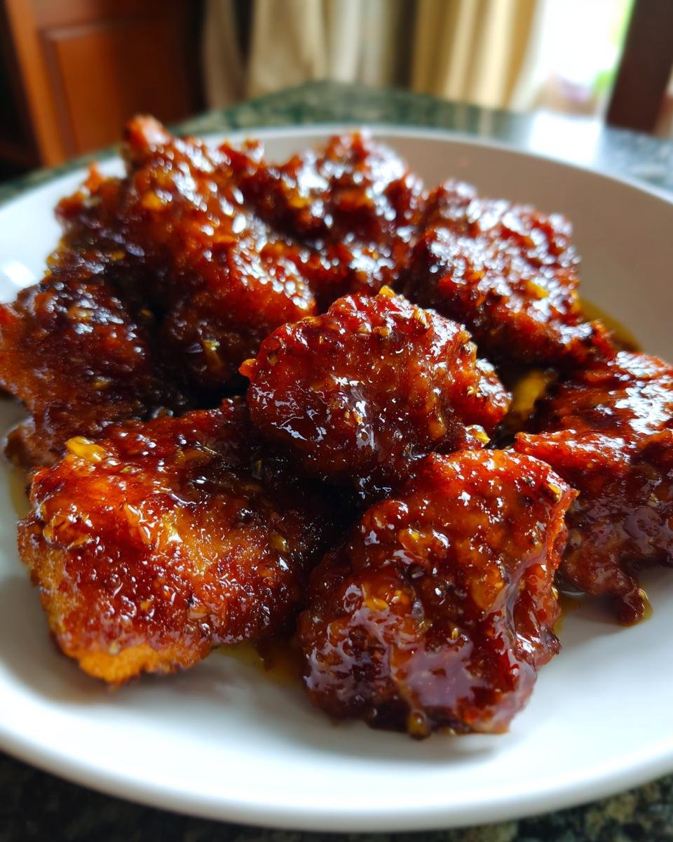 Nahaufnahme von saftiges Hühnchen mit Honig-Senf-Glasur, glänzend und karamellisiert auf einem weißen Teller.