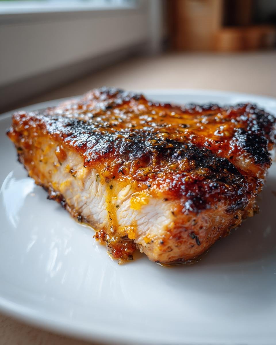 Nahaufnahme eines saftigen Hühnchenstücks mit dunkler, karamellisierter Honig-Senf-Glasur, perfekt für Saftiges Hühnchen mit Honig-Senf-Glasur in 35 Minuten.