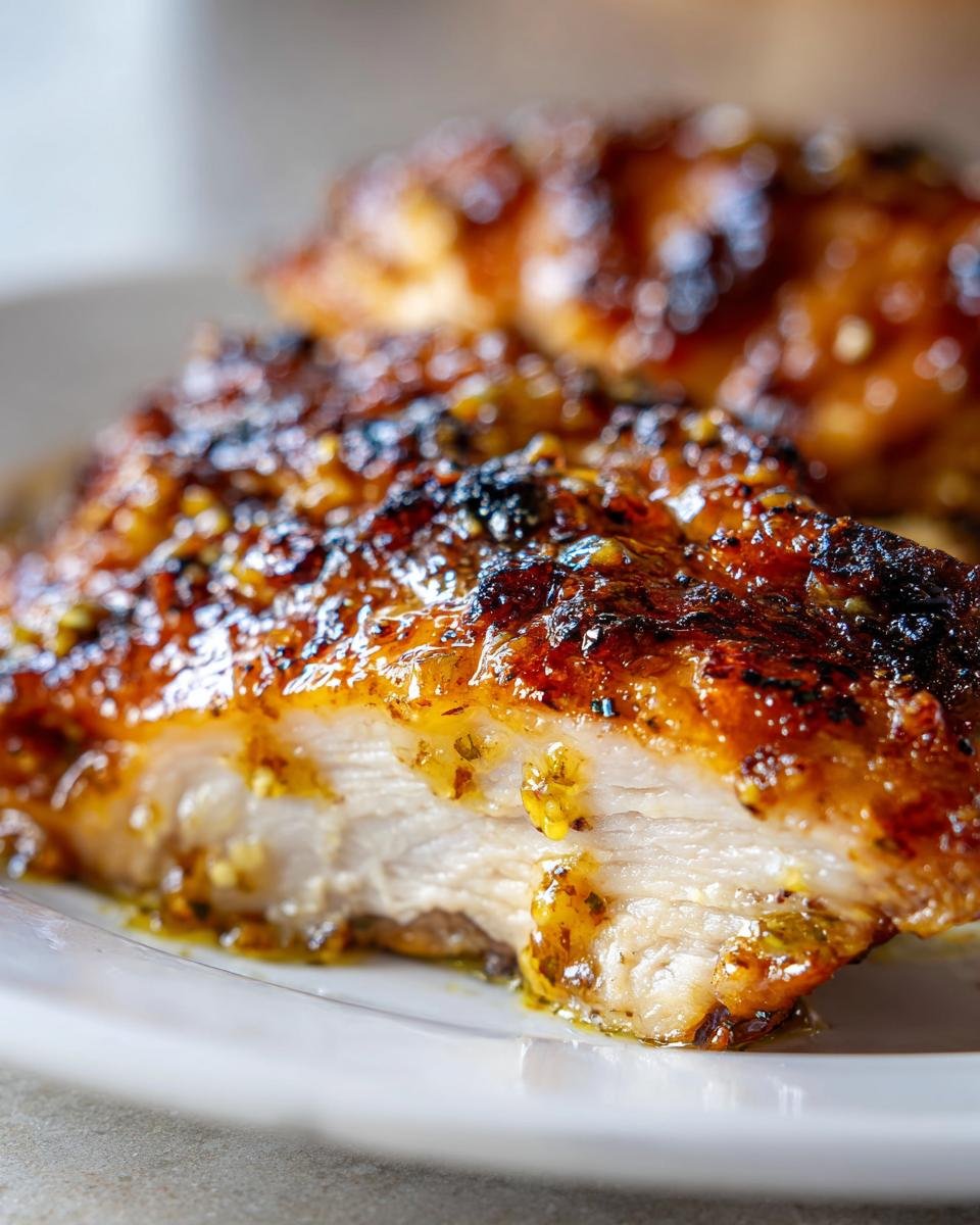 Nahaufnahme von saftigem Hühnchen mit Honig-Senf-Glasur, das aufgeschnitten wurde, um das Innere zu zeigen.