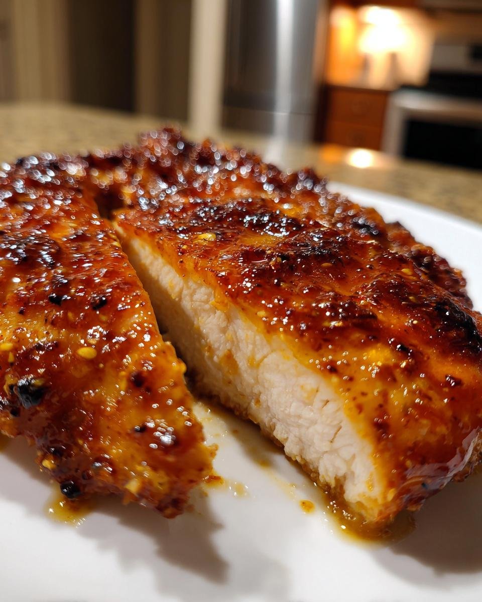 Nahaufnahme von saftigem Hühnchen mit Honig-Senf-Glasur, aufgeschnitten, um das Innere zu zeigen.