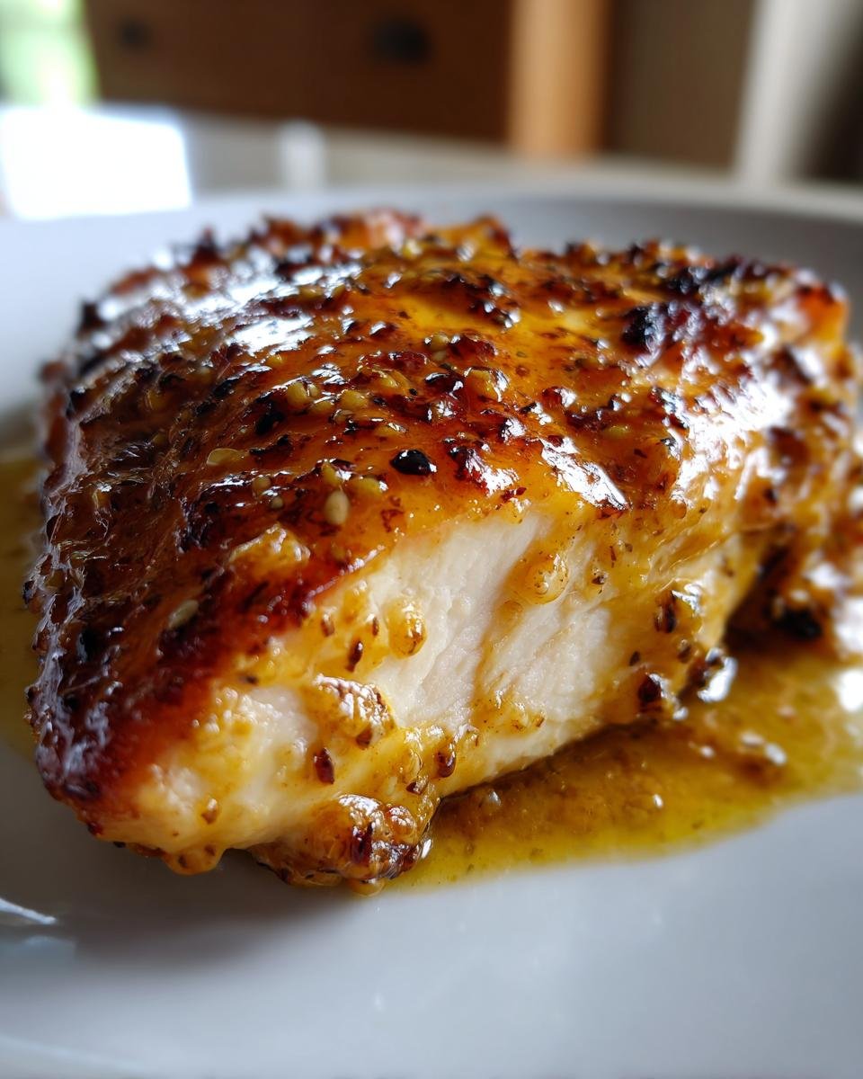 Nahaufnahme von saftigem Hühnchen mit Honig-Senf-Glasur, das aufgeschnitten serviert wird.