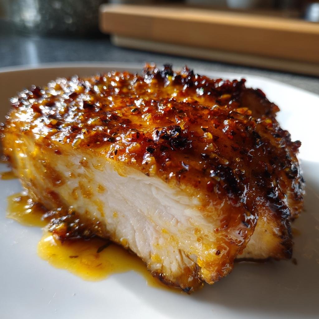 Aufgeschnittenes Stück Saftiges Hühnchen mit Honig-Senf-Glasur auf einem weißen Teller.