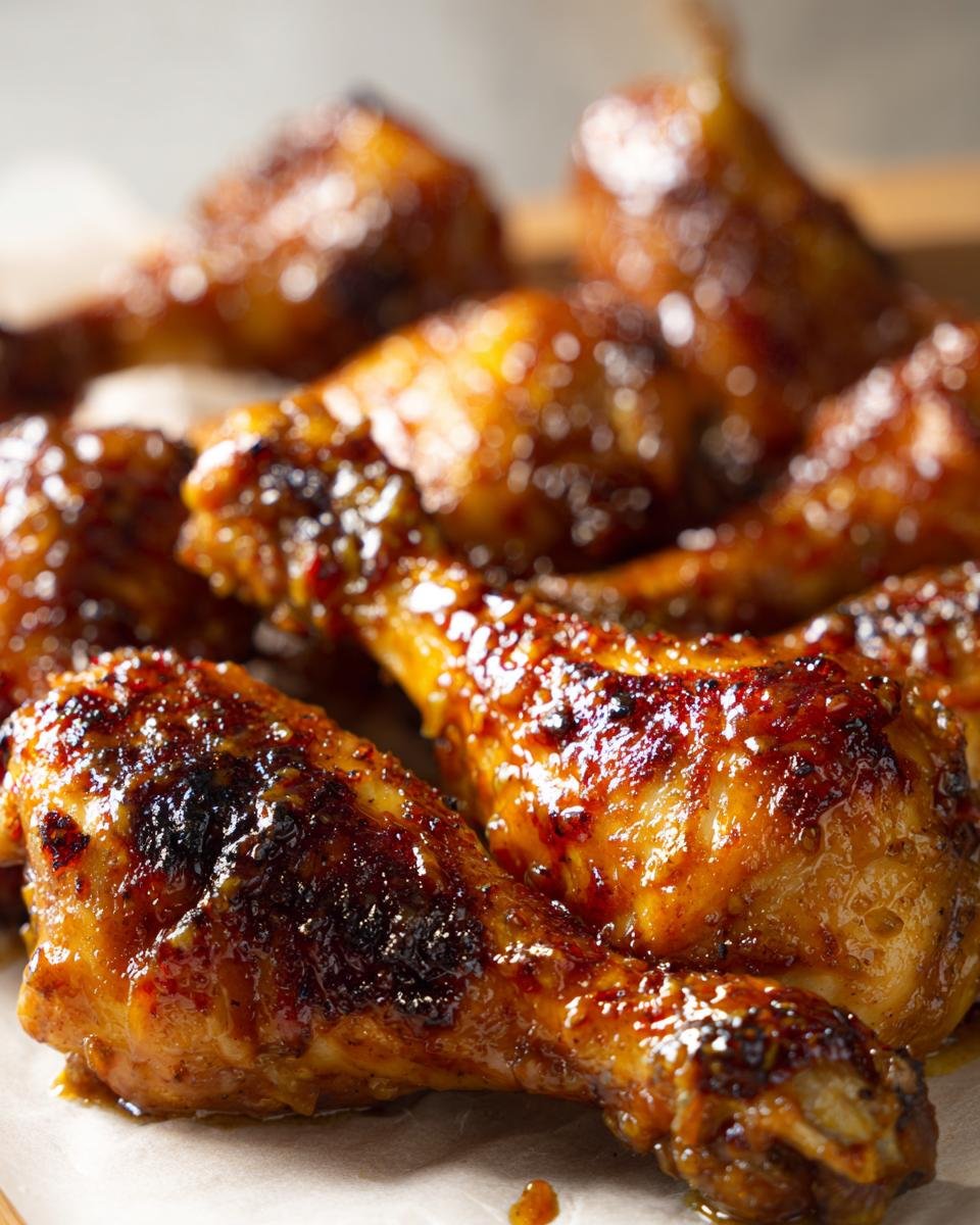 Nahaufnahme von saftigem Hühnchen mit Honig-Senf-Glasur, glasiert und leicht karamellisiert.