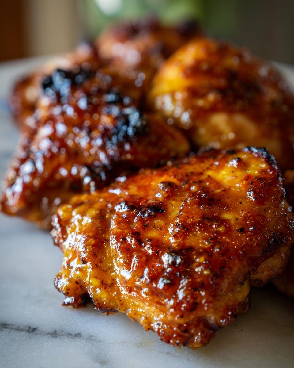 Nahaufnahme von saftigem Hühnchen mit Honig-Senf-Glasur, karamellisiert und leicht gebräunt.