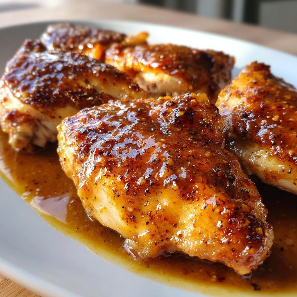 Nahaufnahme von saftigem Hühnchen mit Honig-Senf-Glasur auf einem weißen Teller.