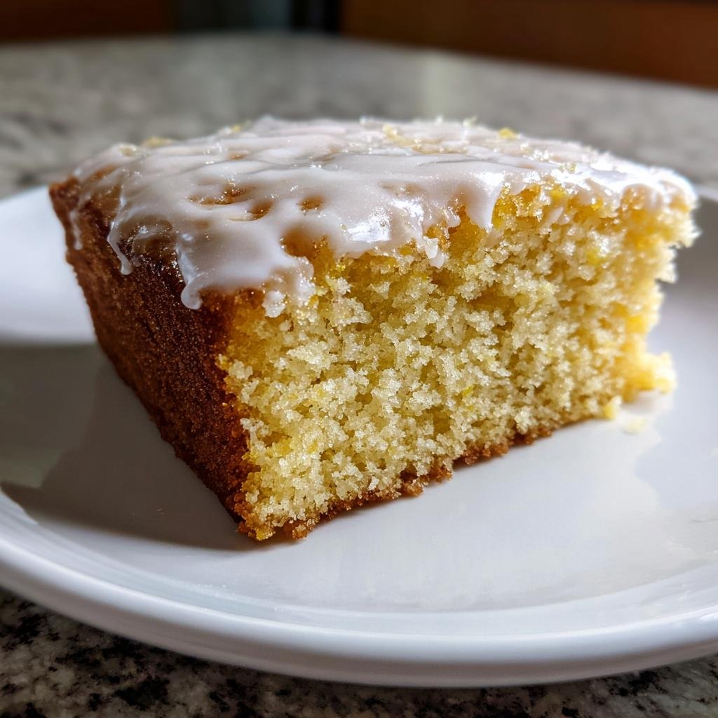 Nahaufnahme eines saftigen Stücks Fantakuchen vom Blech mit hellem Zuckerguss auf einem weißen Teller.
