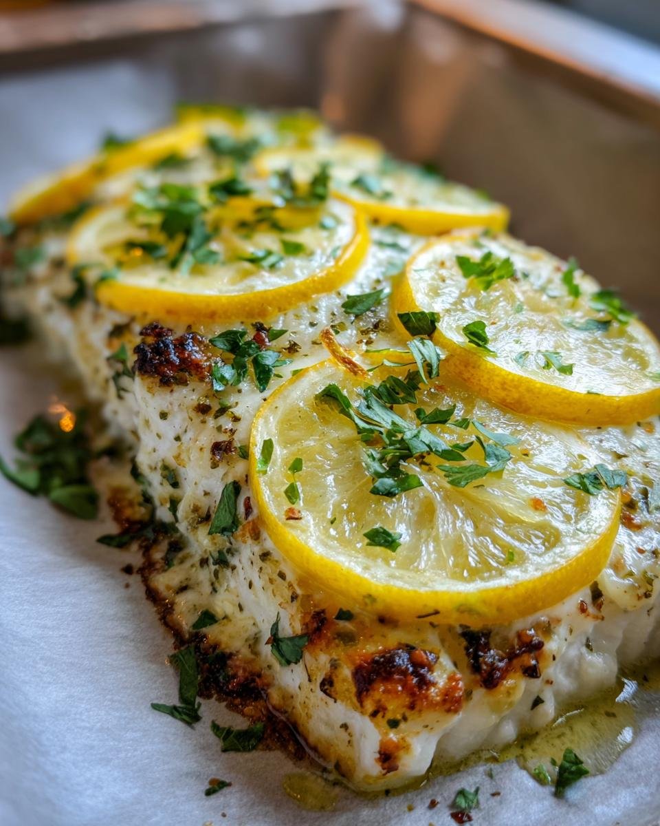 Nahaufnahme eines gebackenen Saftiges Zitronen-Fischfilet aus dem Ofen, belegt mit Zitronenscheiben und Petersilie.