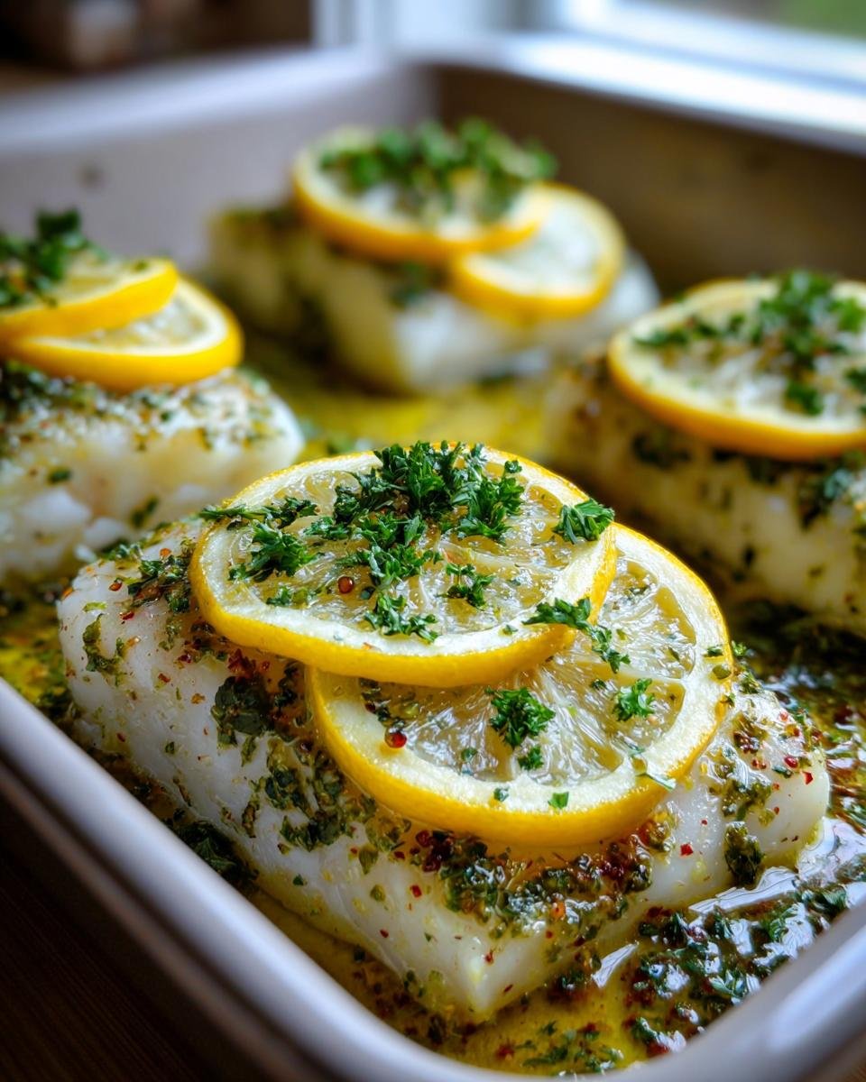 Vier Stücke Saftiges Zitronen-Fischfilet aus dem Ofen, belegt mit Zitronenscheiben und Petersilie in einer Auflaufform.