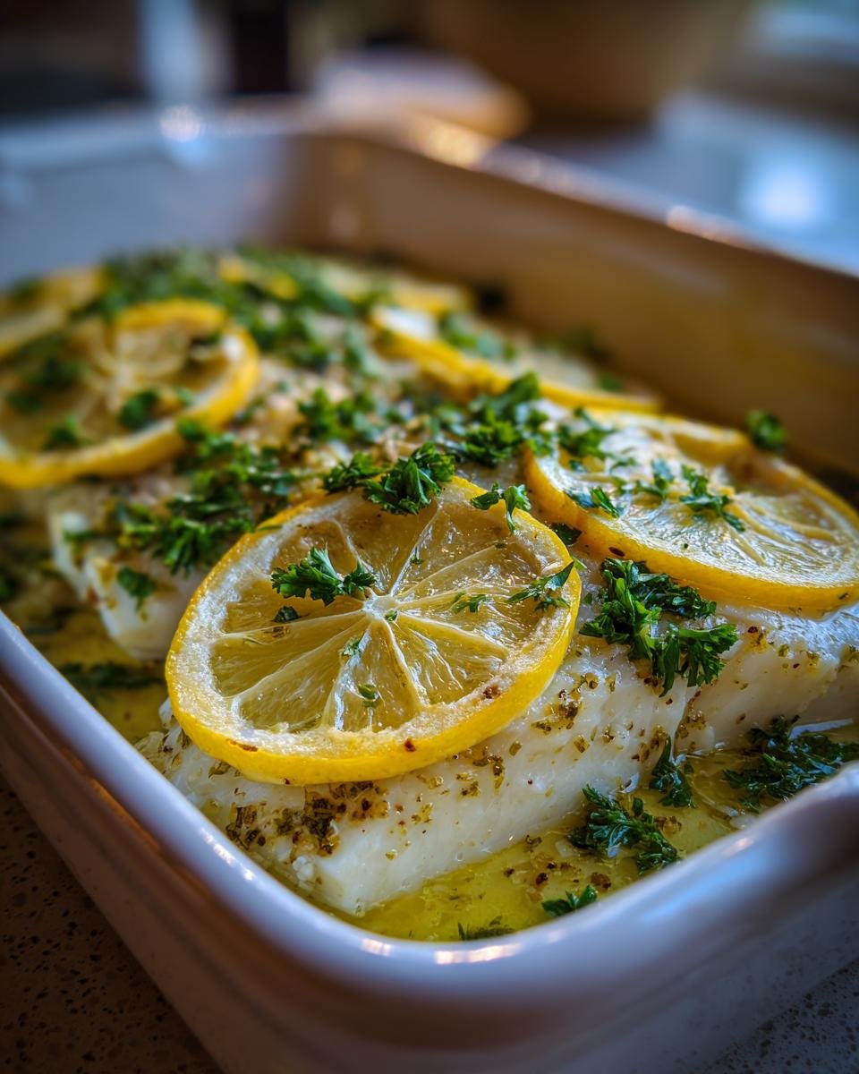 Nahaufnahme von saftigem Zitronen-Fischfilet aus dem Ofen, belegt mit Zitronenscheiben und Petersilie.