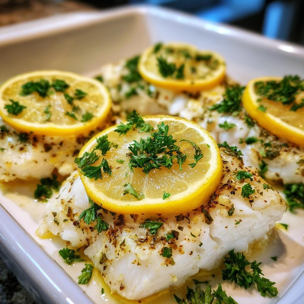 Nahaufnahme von saftigem Zitronen-Fischfilet aus dem Ofen, belegt mit Zitronenscheiben und Petersilie.