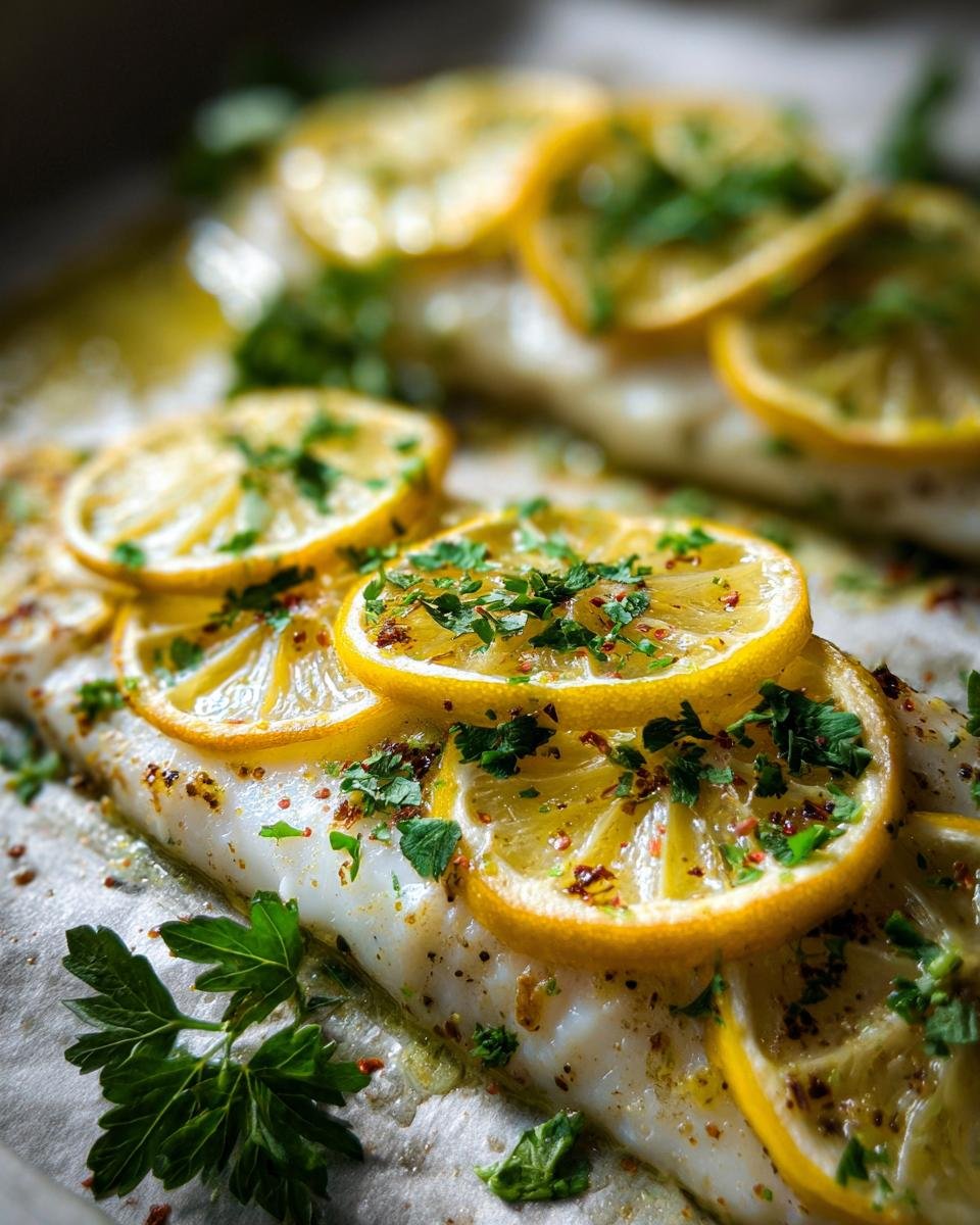 Nahaufnahme eines rohen Fischfilets, belegt mit Zitronenscheiben und Petersilie, bereit für den Ofen für ein saftiges Zitronen-Fischfilet.