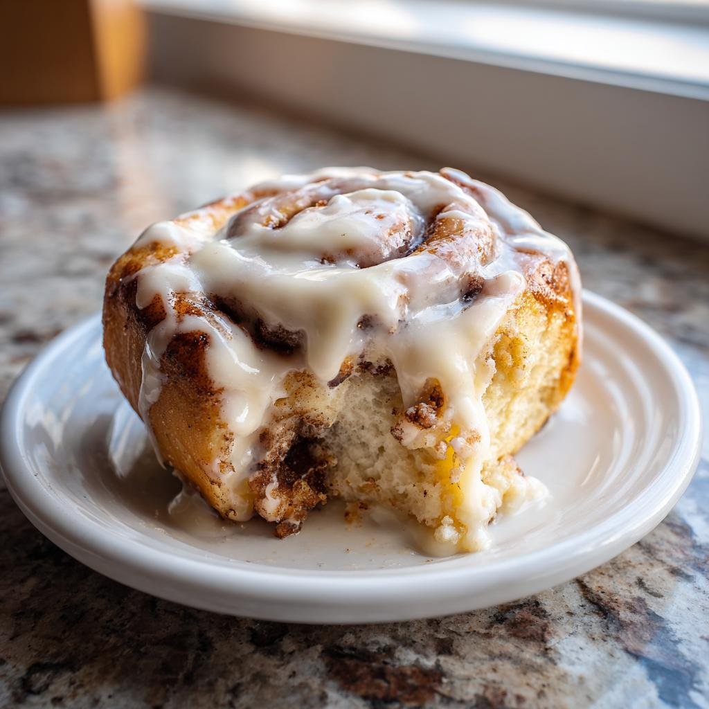 Nahaufnahme einer Samtweiche Zimtrolle mit einem Bissen herausgenommen, bedeckt mit dickem, weißem Zuckerguss.