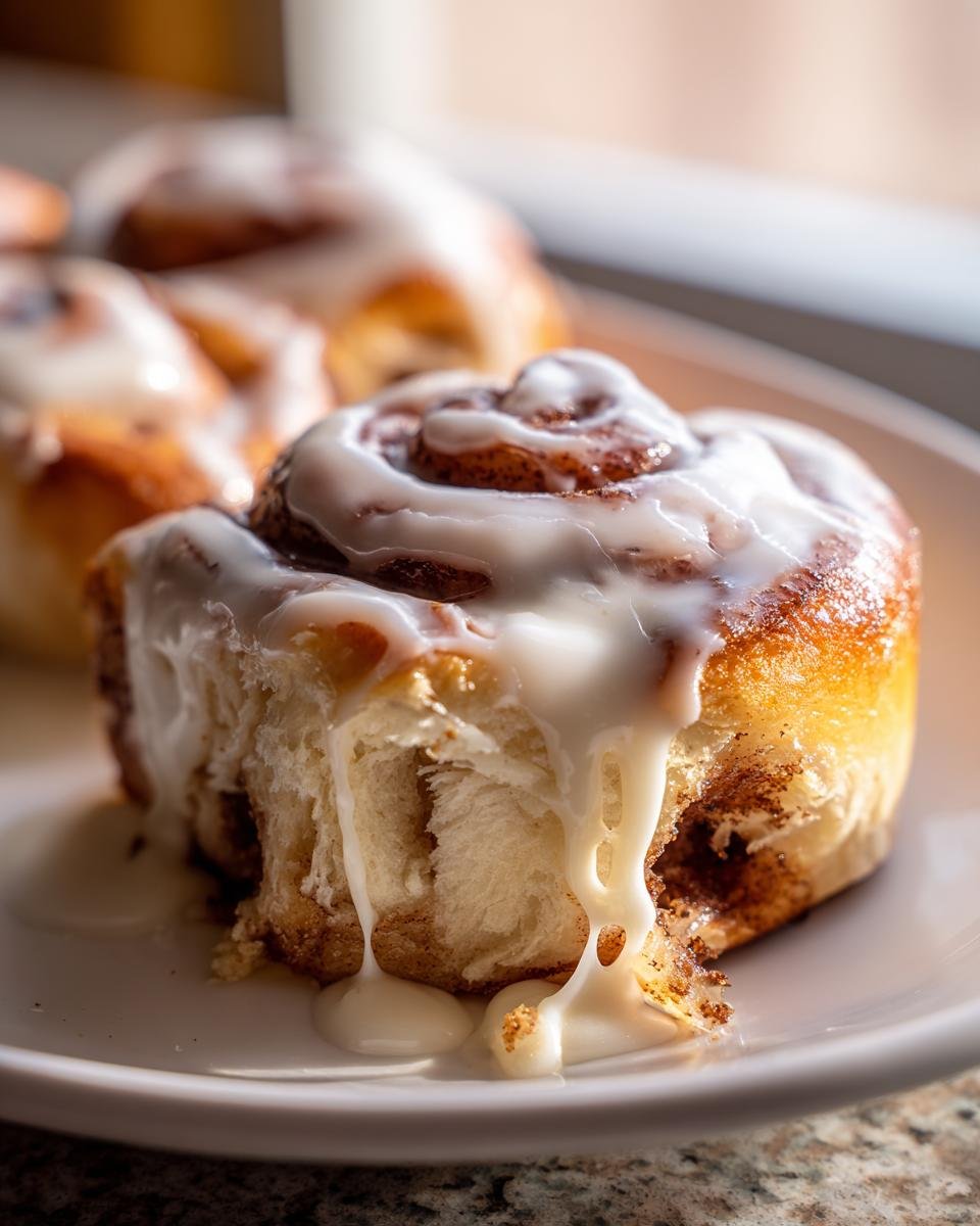 Nahaufnahme einer der Samtweiche Zimtrollen, die mit dickem, weißem Zuckerguss überzogen ist, der herunterläuft.