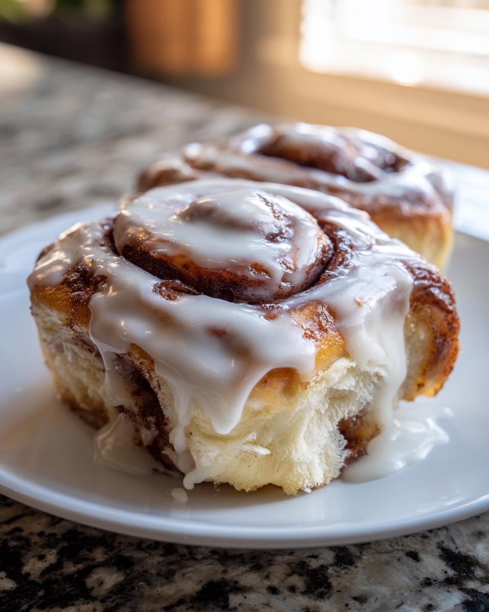 Nahaufnahme von zwei Samtweiche Zimtrollen mit dickem, weißem Zuckerguss auf einem weißen Teller.