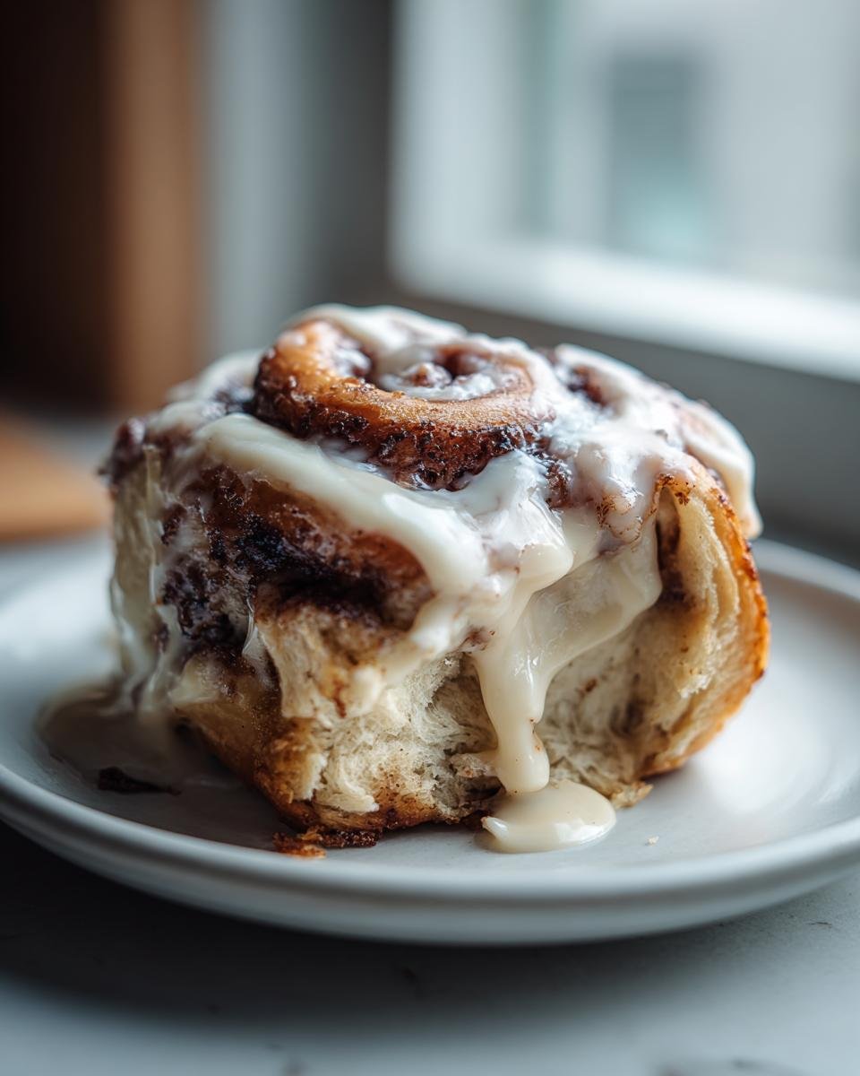 Nahaufnahme einer samtweichen Zimtrolle, die mit einem dicken, cremigen Zuckerguss überzogen ist und auf einem weißen Teller liegt.