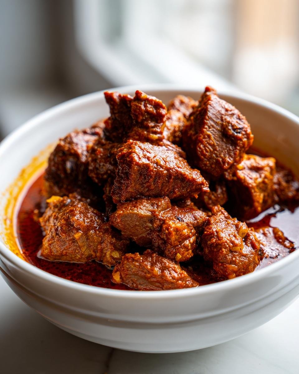 Nahaufnahme von würfeligem Fleisch in einer reichhaltigen, roten Sauce, serviert in einer weißen Schüssel – Unser bester Schaschliktopf wie damals.