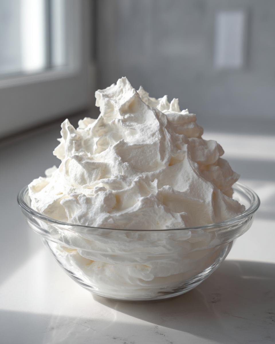 Eine Glasschüssel gefüllt mit hoher, luftiger, weißer ZAUBERCREME, beleuchtet durch Tageslicht.