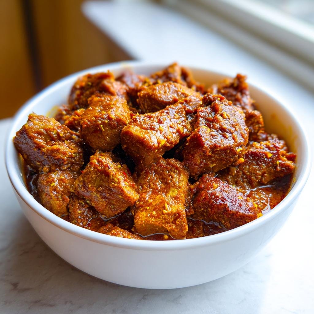 Ein weißes Schälchen gefüllt mit würfeligem Fleisch in einer reichhaltigen, dunklen Soße, typisch für Unser bester Schaschliktopf wie damals.