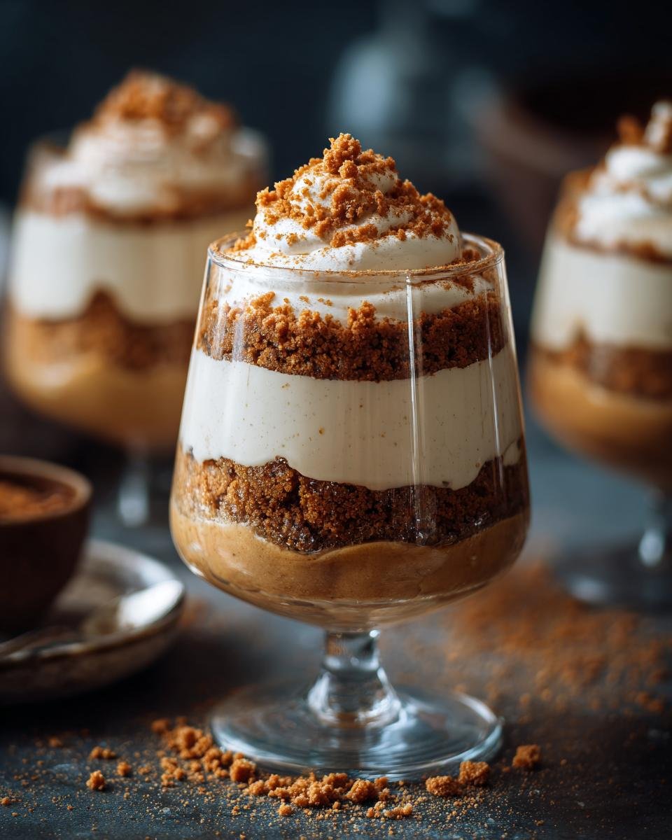 Nahaufnahme eines mehrschichtigen SPEKULATIUS DESSERT mit Keksbröseln und Sahne in einem Glas.