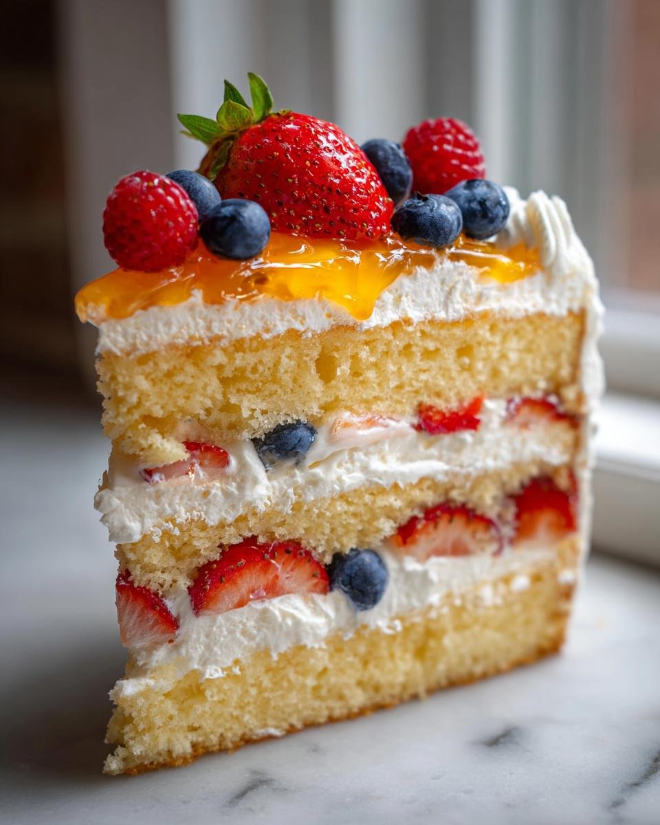 Nahaufnahme eines Kuchenschnitts, der eine Schichttorte mit Früchten, Sahne und einem Fruchtguss zeigt, typisch für Hochzeitstorten mit Früchten.