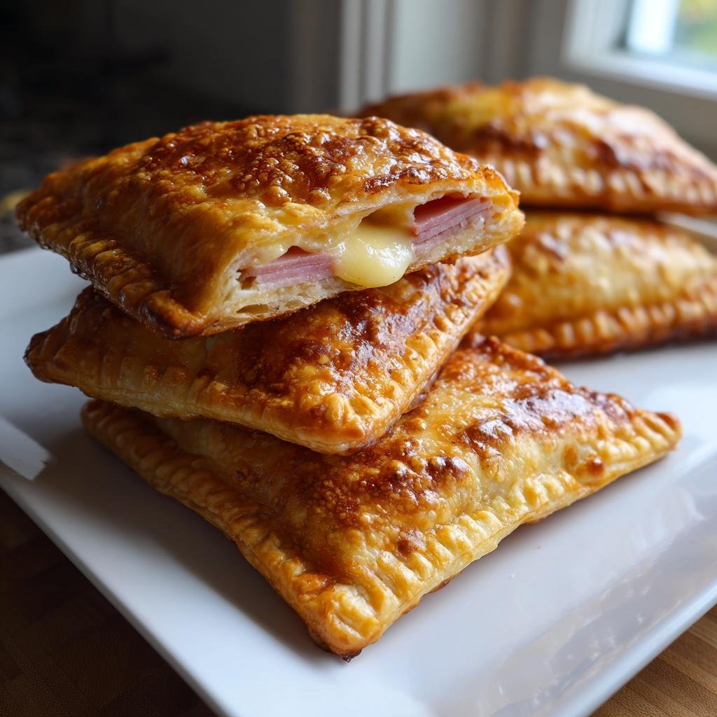 Stapel goldbrauner Schinken-Käse-Taschen im Airfryer, wobei die oberste Tasche aufgeschnitten ist und geschmolzener Käse herausläuft.
