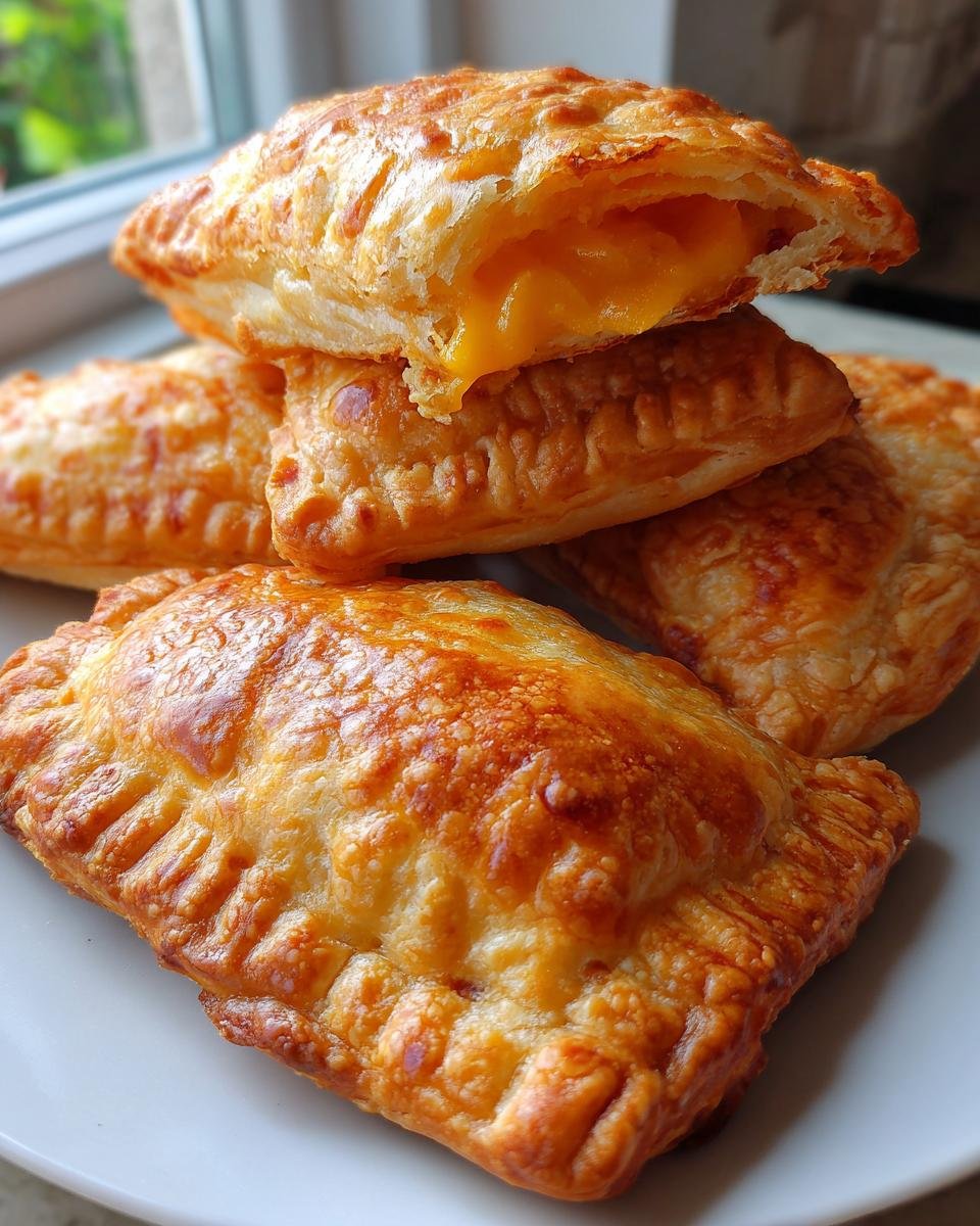 Stapel goldbrauner Schinken-Käse-Taschen im Airfryer, eine davon aufgerissen mit geschmolzenem Käse.