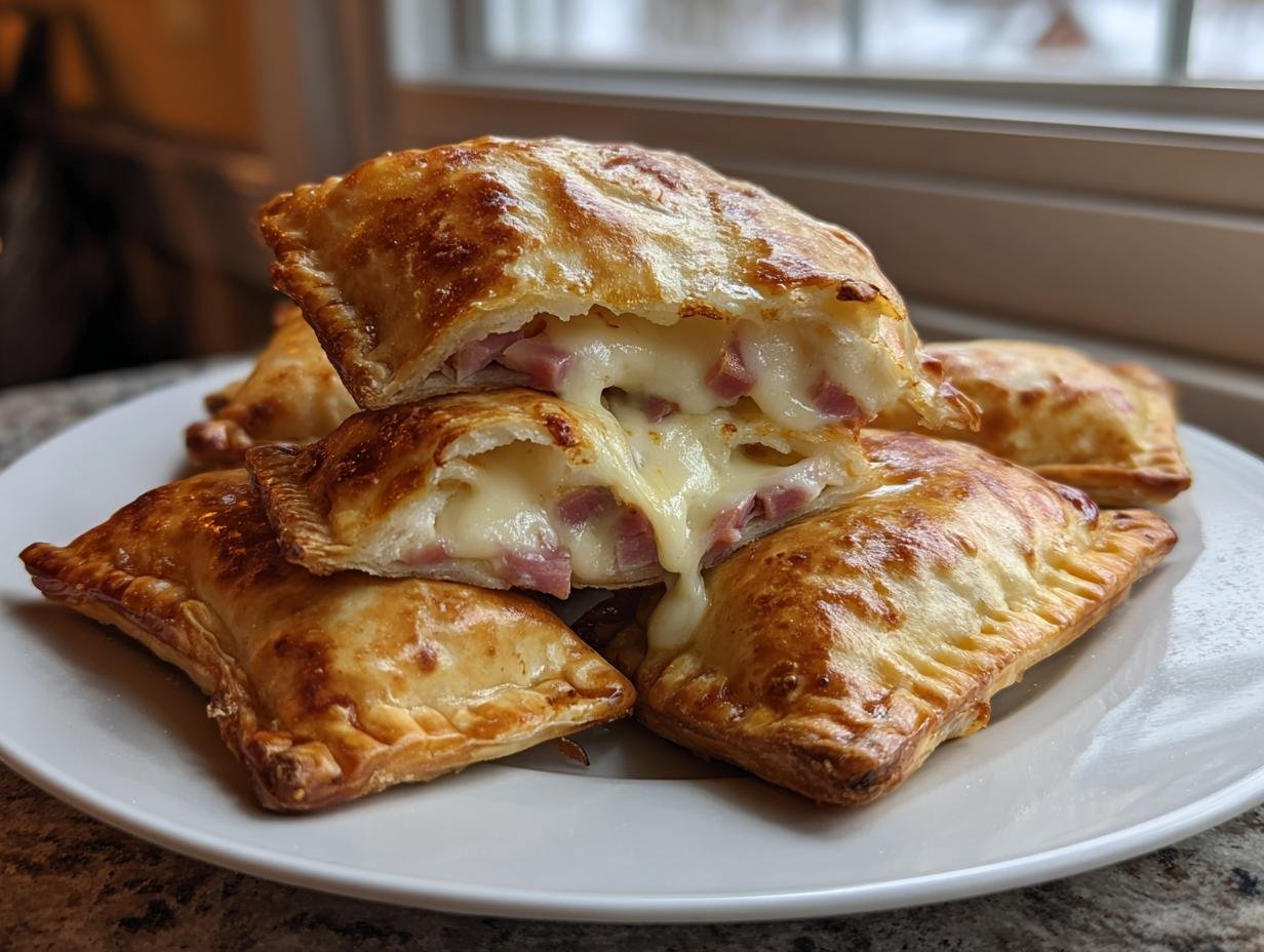 Ein Stapel goldbrauner Schinken-Käse-Taschen im Airfryer, wobei eine aufgeschnitten ist und geschmolzener Käse herausläuft.