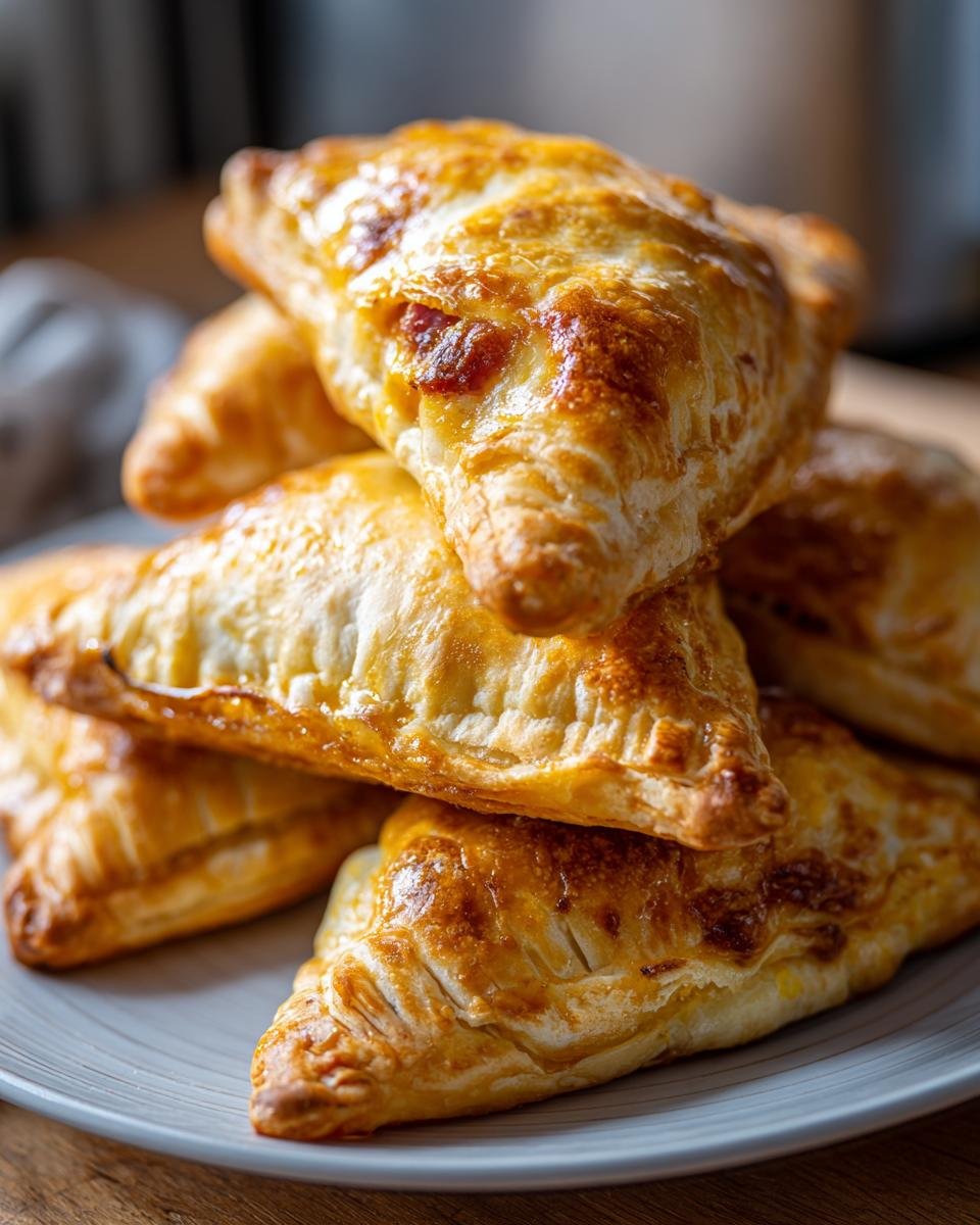 Nahaufnahme von gestapelten, goldbraunen Schinken-Käse-Taschen im Airfryer, die sehr knusprig aussehen.