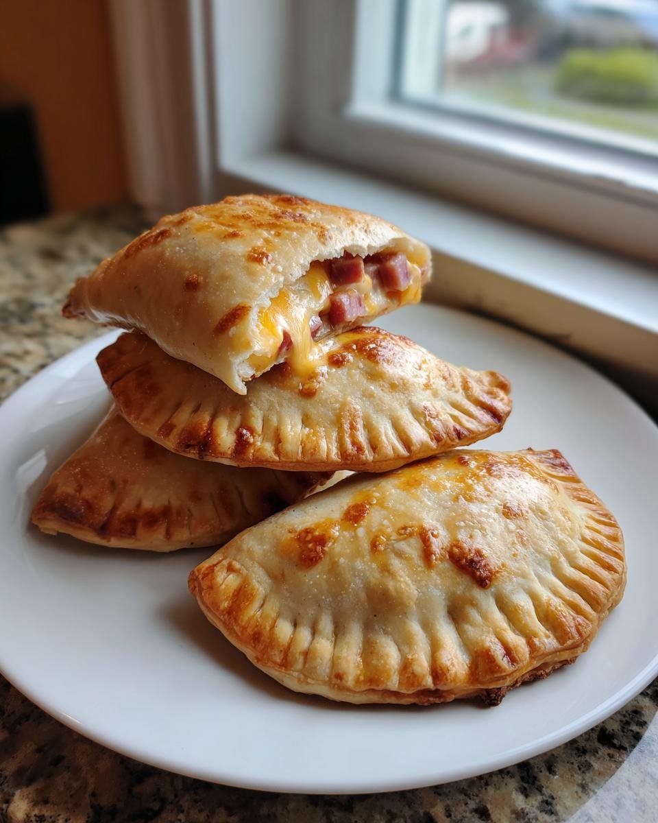 Stapel von knusprigen Schinken-Käse-Taschen im Airfryer, eine davon aufgeschnitten mit schmelzendem Käse und Schinken.
