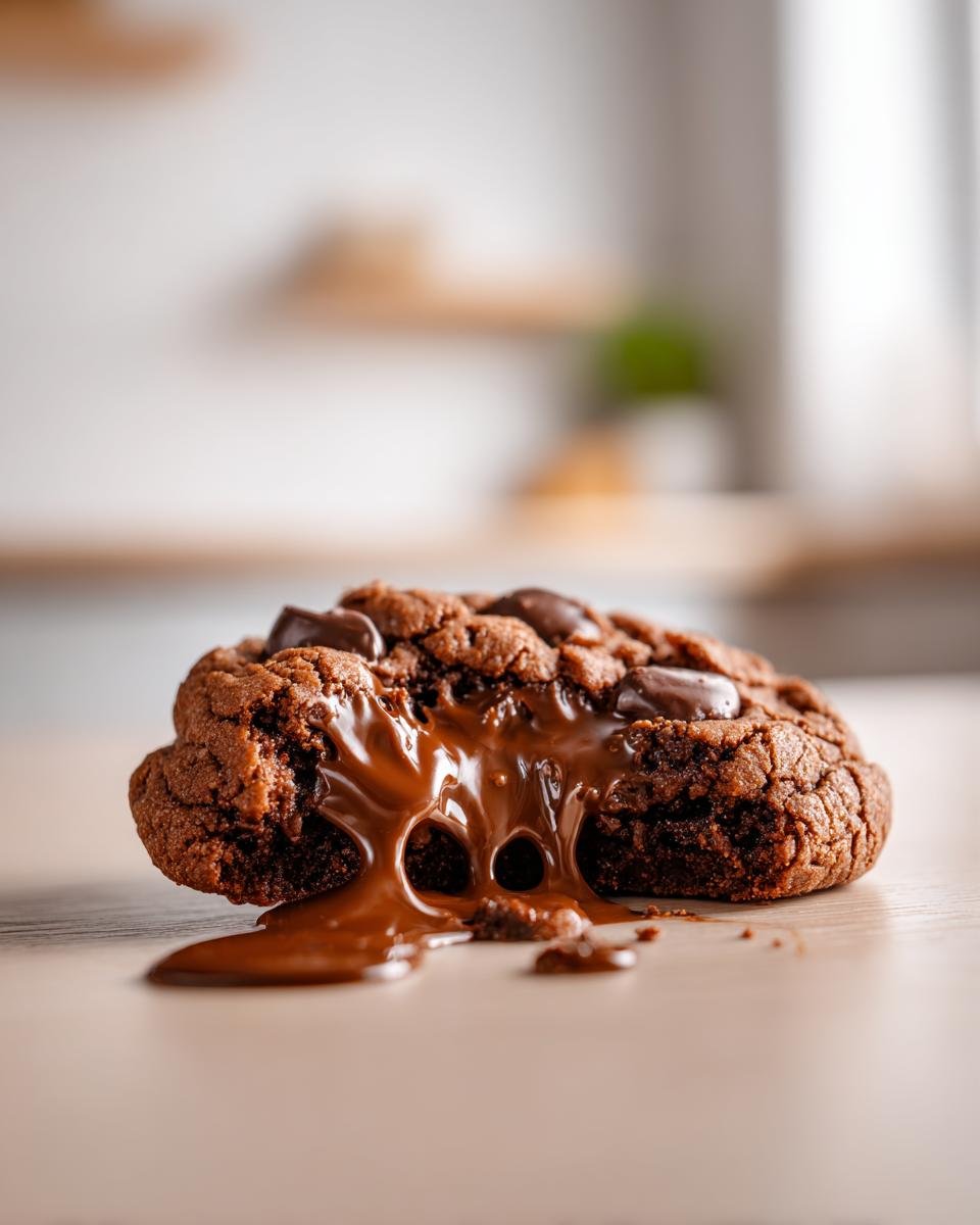 Ein zerbrochener Schokoladen-Cookie, aus dem flüssige Schokolade läuft – er muss Schmecken bombastisch.