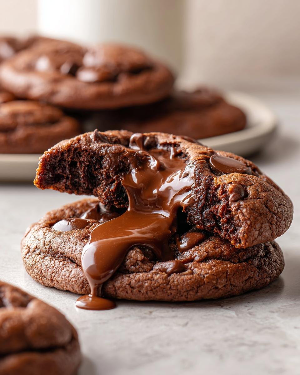 Ein aufgeschnittener, weicher Schokoladenkeks, aus dem geschmolzene Schokolade tropft. Diese Kekse schmecken bombastisch.