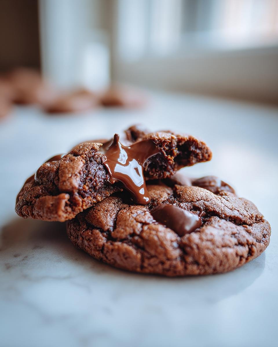Zwei saftige Schokoladenkekse, einer davon zerbrochen, mit geschmolzener Schokolade, die herausläuft. Diese Kekse schmecken bombastisch.