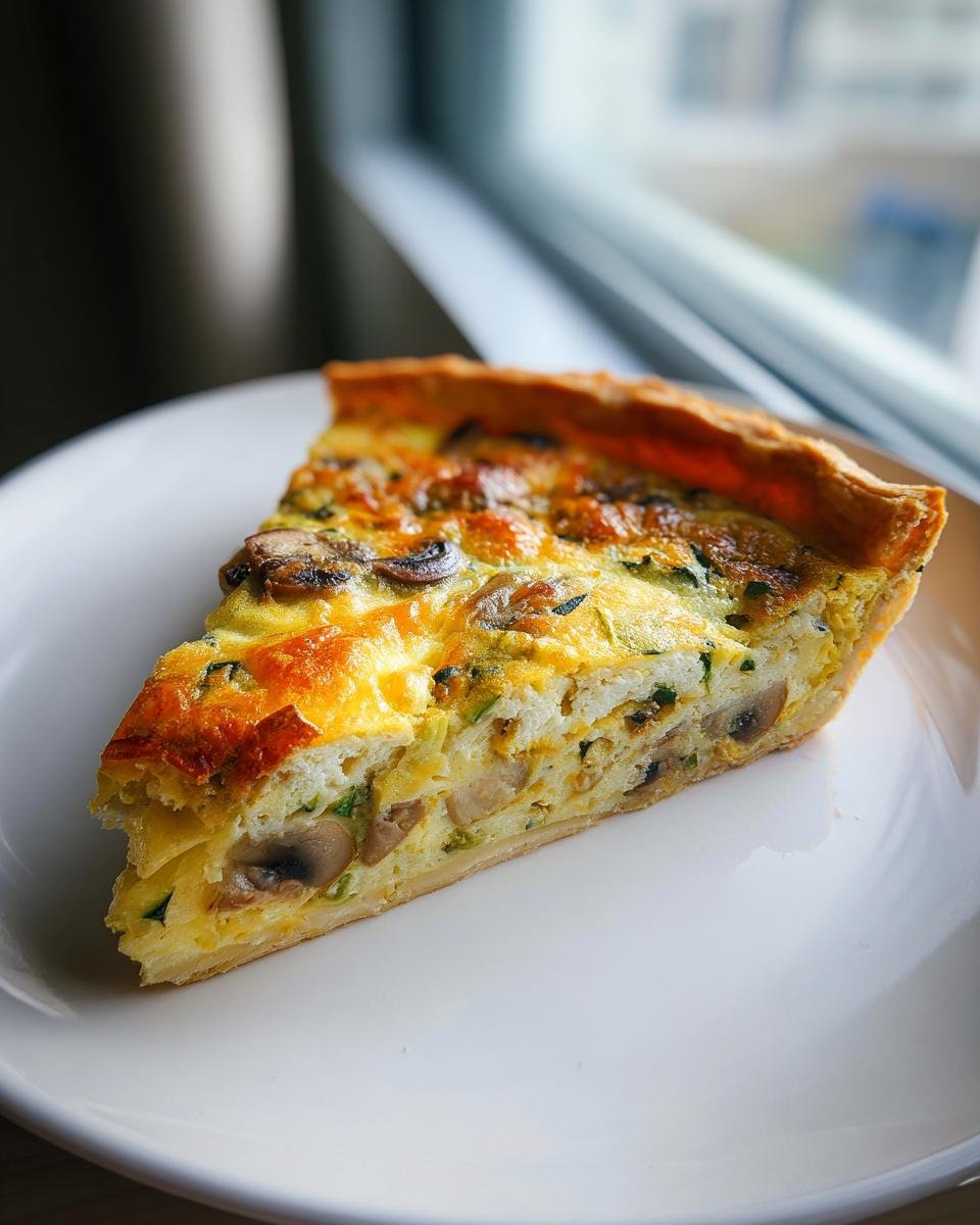 Ein appetitliches Stück Schnelle Gemüse-Quiche mit Pilzen und goldbrauner Käsekruste auf einem weißen Teller.