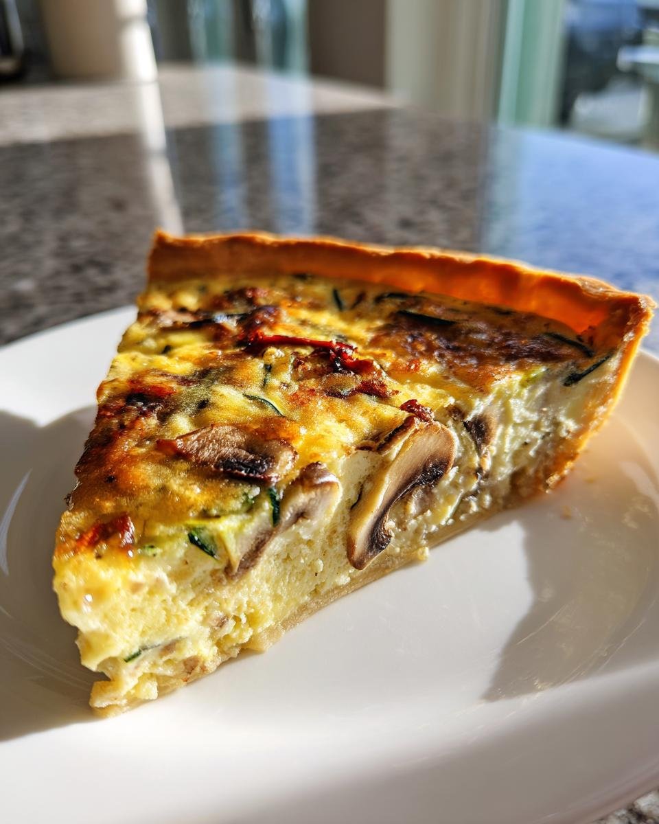Nahaufnahme eines Stücks Schnelle Gemüse-Quiche mit Pilzen und Zucchini auf einem weißen Teller.