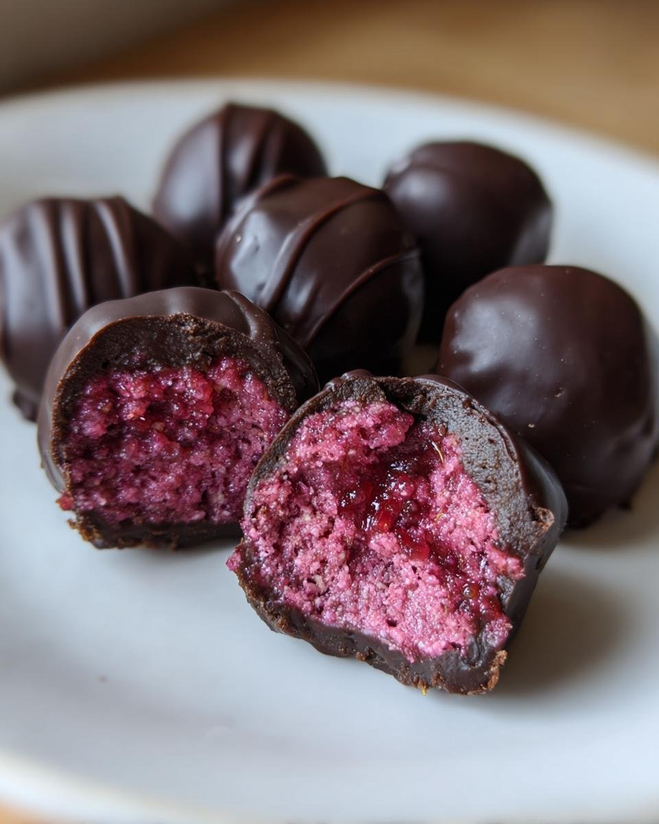 Nahaufnahme von Schnelle Himbeer-Pralinen, eine davon aufgeschnitten zeigt eine rosa Füllung mit Himbeerkern.