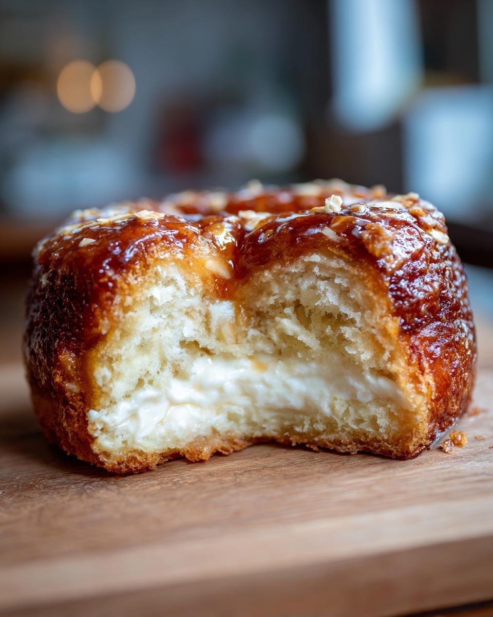Nahaufnahme eines angeschnittenen Stücks des Schneller Bienenstich Rezept mit cremiger Füllung und karamellisierten Mandeln.