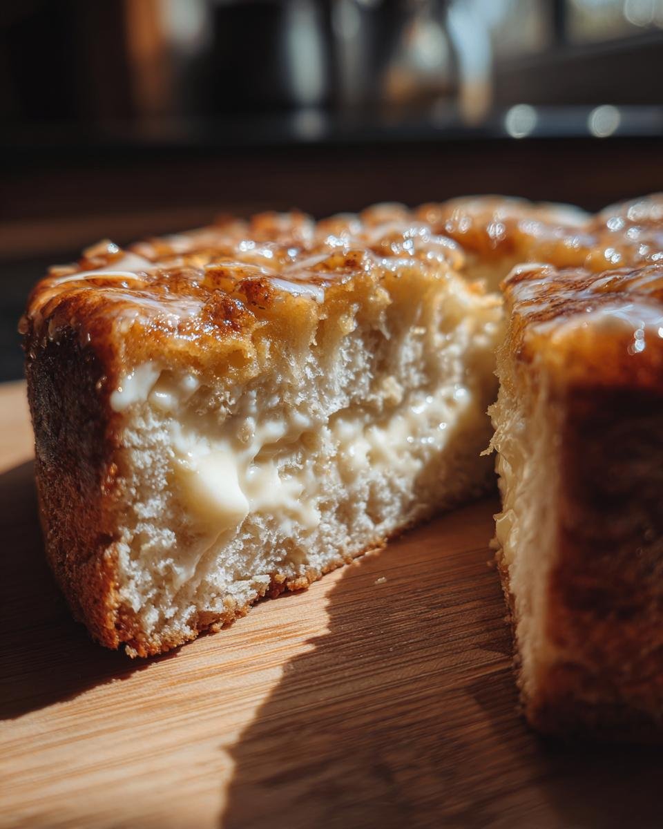 Nahaufnahme eines angeschnittenen Stücks des Schneller Bienenstich Rezept mit cremiger Füllung und glasiertem Belag.
