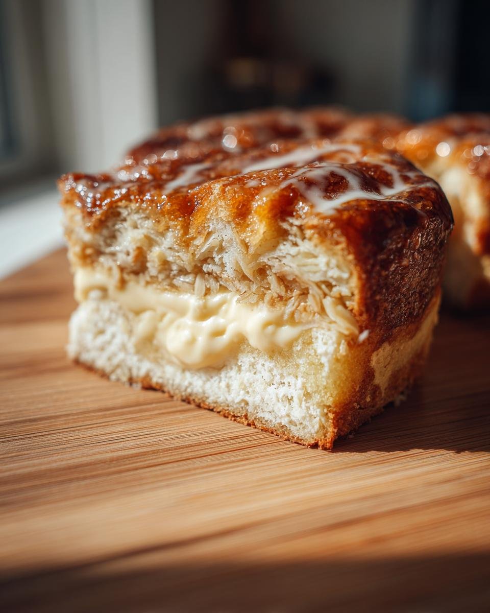 Nahaufnahme eines Stücks Schneller Bienenstich Rezept mit dicker Vanillecreme und karamellisierter Mandelhaube.