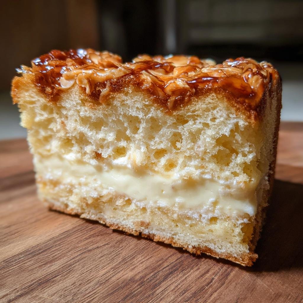 Nahaufnahme eines Stücks Schneller Bienenstich Rezept mit fluffigem Teig, Vanillecreme und karamellisierten Mandeln.