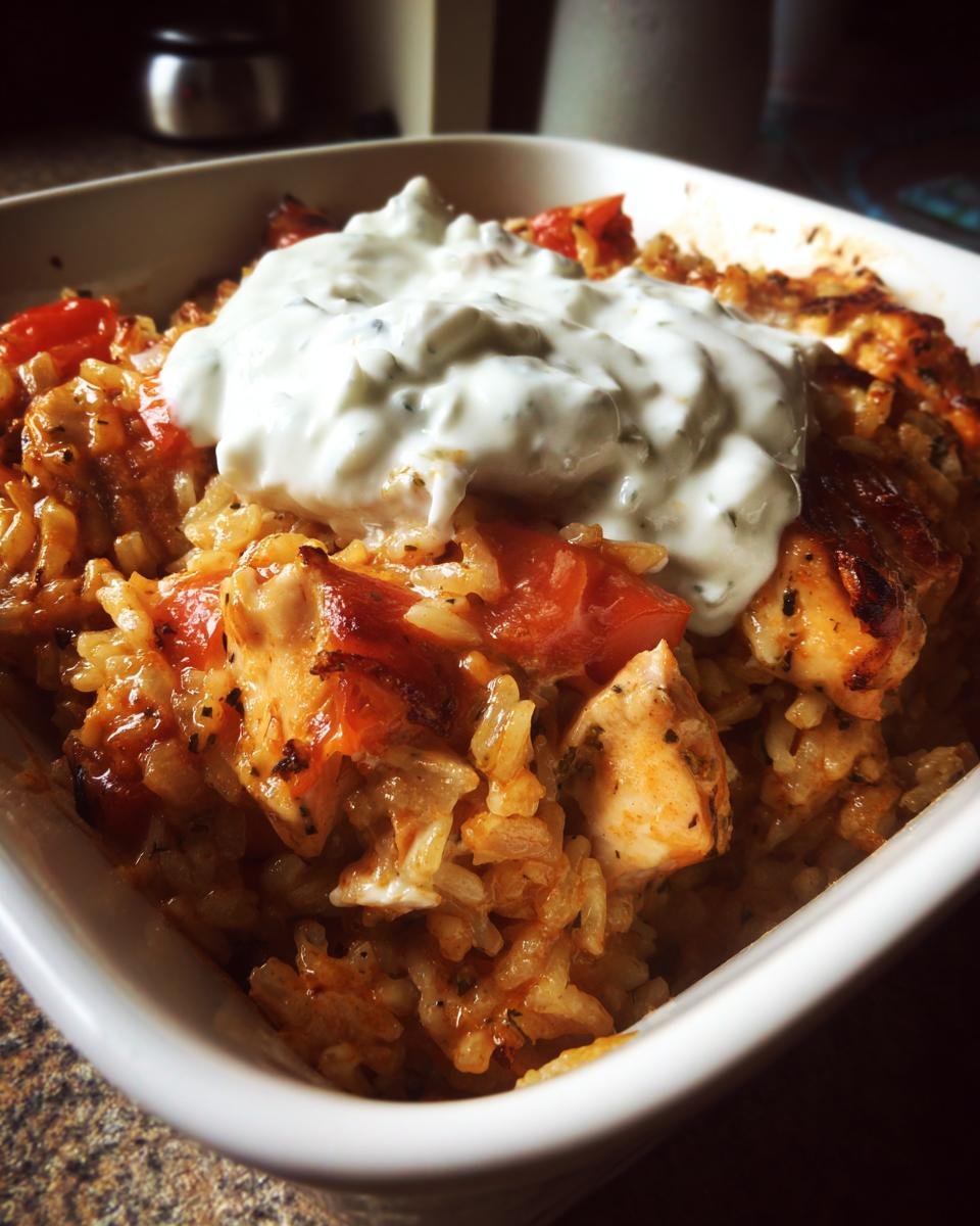 Nahaufnahme des Schneller Dump-und-Bake-Hühnchen-Tzatziki-Auflauf mit Reis, Hähnchenstücken, Tomaten und einem großen Klecks Tzatziki.