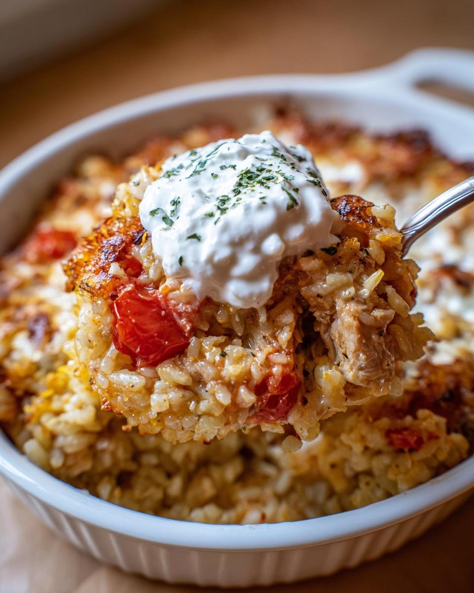 Ein Löffel des Schneller Dump-und-Bake-Hühnchen-Tzatziki-Auflauf mit einem Klecks Tzatziki-Topping.