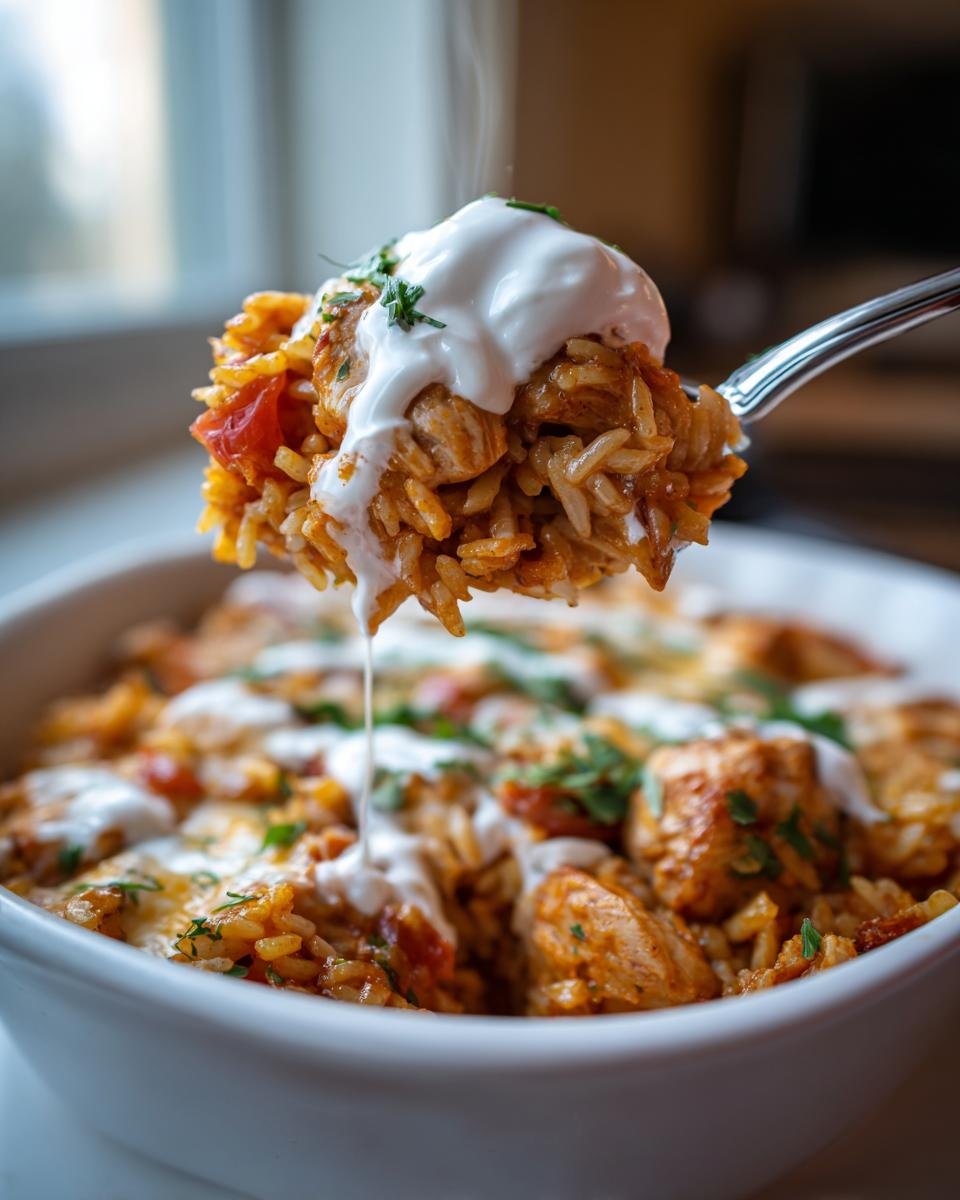 Ein Löffel mit dampfendem Schneller Dump-und-Bake-Hühnchen-Tzatziki-Auflauf, bedeckt mit cremiger Soße.