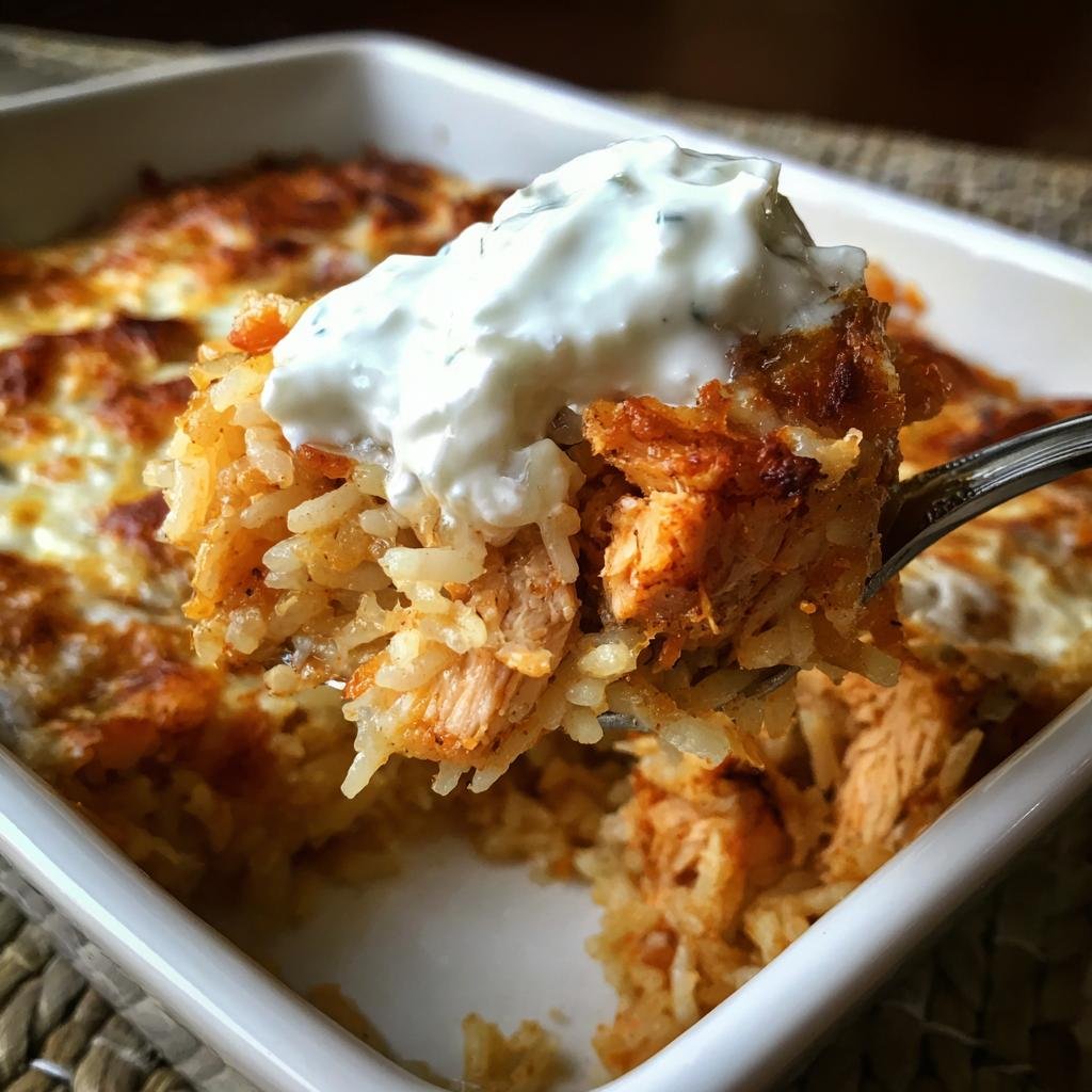 Ein Löffel mit Schneller Dump-und-Bake-Hühnchen-Tzatziki-Auflauf, bedeckt mit einem Klecks Tzatziki.
