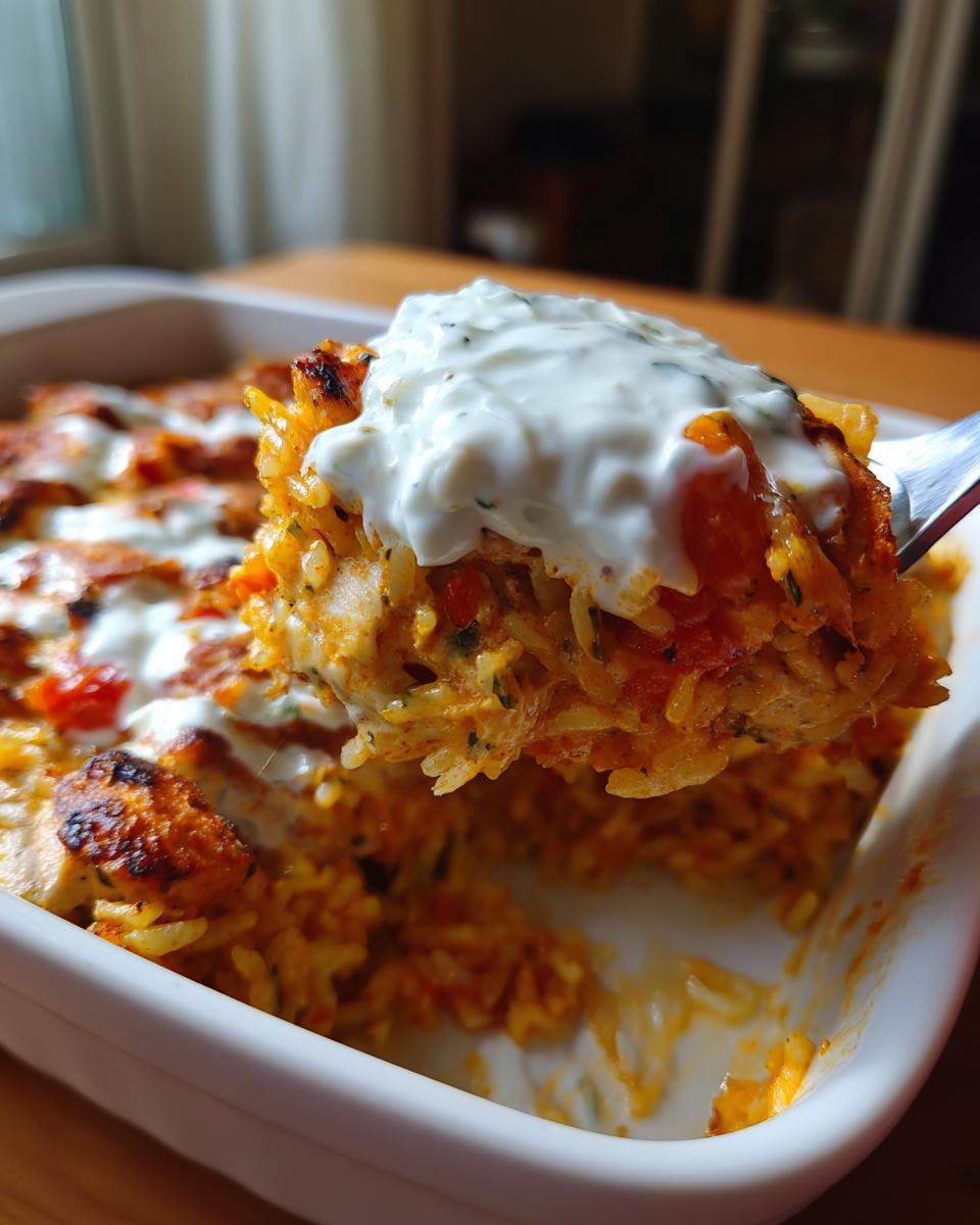 Eine Gabel hebt eine Portion des gebackenen Schneller Dump-und-Bake-Hühnchen-Tzatziki-Auflauf mit einem Klecks cremiger Tzatziki-Soße.